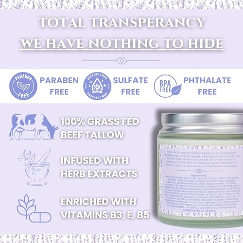 Whipped Beef Tallow for Skin Care, Organic Pure Grass Fed Beef Tallow Moisturizer Cream for Face & Body Lotion, Cow Tallow with Niacinamide, Shea Butter & Aloe, Vanilla Lavender 4oz