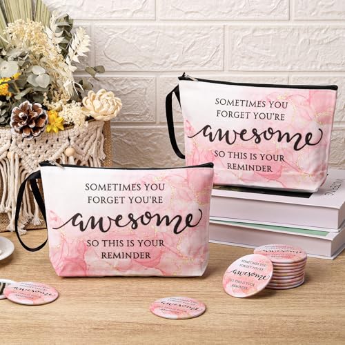 15 Sets Pink Thank You Gifts for Women, Inspirational Gifts Bulk for Female Client Teacher Employee Coworker, Sometimes You Forget You're Awesome Makeup Bags and Compact Mirrors for Party