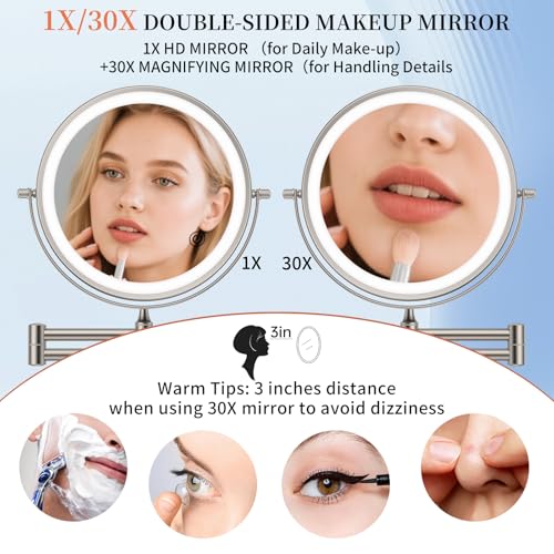 FUNTOUCH 5000mAh Rechargeable Wall Mount Makeup Mirror with Lights, 30X/1X Magnifying 9" Double Sided Mirror, 3 Color Lights,Touch Dimmable, 360 Rotation Extended Arm with Adapter,Brush Nickel