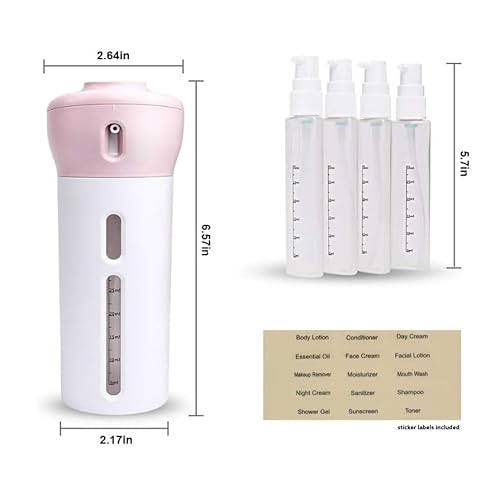 Travigo 4-in-1 Travel Dispenser Bottle, TSA Approved, Leak Proof, Four Reusable 1.4 oz. (40 mL) Toiletry Containers for Shampoo, Conditioner, Soap, Lotion, Skincare (Pink)