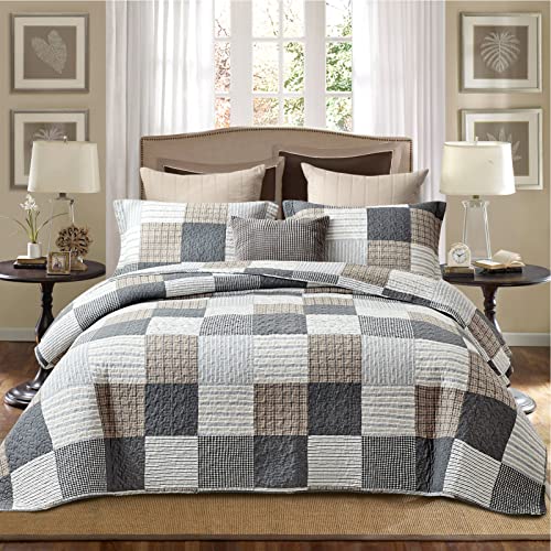 Queen Size Cotton Quilt Set - Reversible Patchwork Bedspread with Pillow Shams - Grey, Brown, Black, White, Tan - 3 Pieces