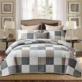 Queen Size Cotton Quilt Set - Reversible Patchwork Bedspread with Pillow Shams - Grey, Brown, Black, White, Tan - 3 Pieces