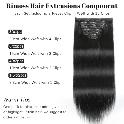 Clip in Hair Extensions Real Human Hair - 140g 7pcs Natural Black 16 Inch