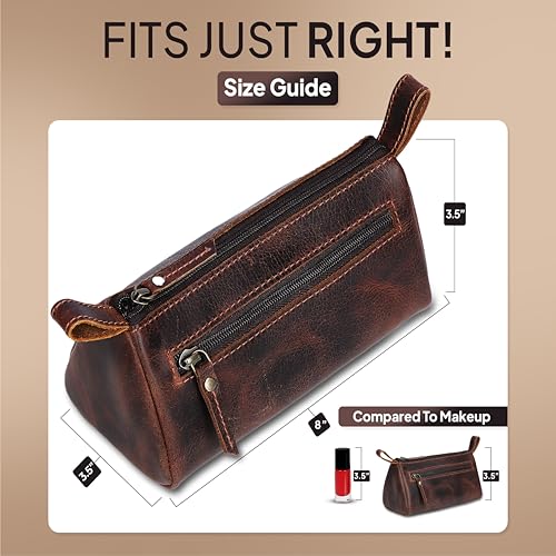 Leather Makeup Bag for Women ? Genuine Leather Cosmetic Bag Travel, Handmade Zippered Makeup Pouch, Small Toiletry Bag, Shaving Kit & Stationery Organizer- Brown