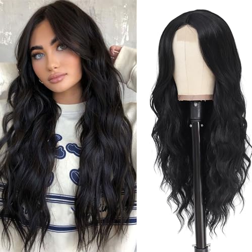 Black Wavy Wig for Women 26 Inch Middle Part Curly Synthetic Hair - Natural Black