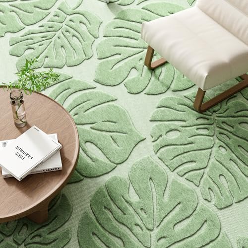 Sage Green Monstera Area Rug 6x9 High-Low Plush Washable Non-Slip Floor Covering