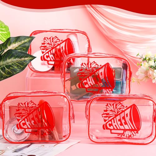 Kacctyen 24 Pcs Cheer Team Gifts Cheer Makeup Bag Bulk for Team Sport Gifts PVC Clear Cosmetic Bag Cheerleader Makeup Case Toiletry Zipper Pouch for Sport Cheerleading, 7x4.7x2.4''(Red)