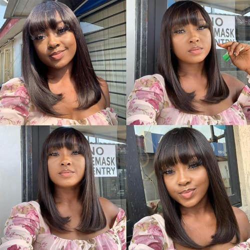 Black 10-Inch Human Hair Bob Wig with Bangs, Glueless Lace Cap, Straight Style - Variation of This Listing