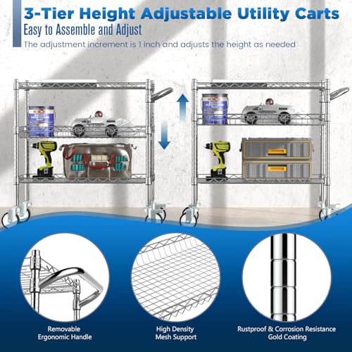 Leteuke 3-Tier Heavy Duty Rolling Utility Cart - Matte Chrome Wheels