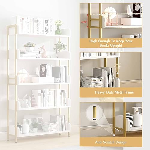 OSCHF 3-Tier Wide Open Shelf Bookcase with Gold Frame, White, Variation: Gold + White