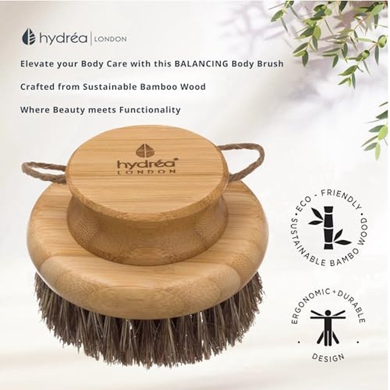 Hydr?a London Round Natural Body Brush with Mane/Cactus Bristle for Dry Brushing to Exfoliate, Remove Dead Skin, Cellulite and Aid Lymphatic Drainage.