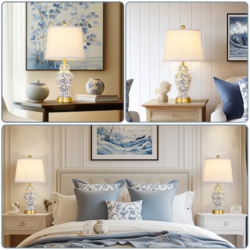 Modern Chinoiserie Ceramic Bedside Table Lamps Set of 2 - Blue Pattern