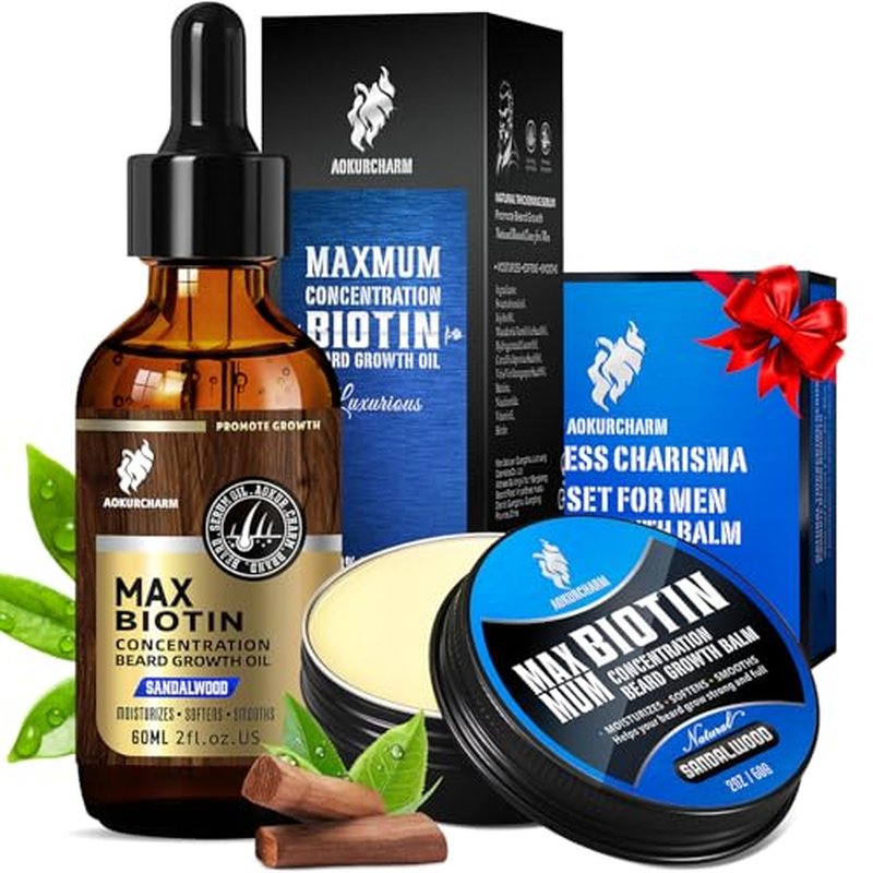 2 Pack Biotin Beard Growth Kit for Men ? Sandalwood Beard Oil & Balm ? Beard Care Set for Growth, Softening & Styling ? Gift for Father¡¯s Day & Christmas
