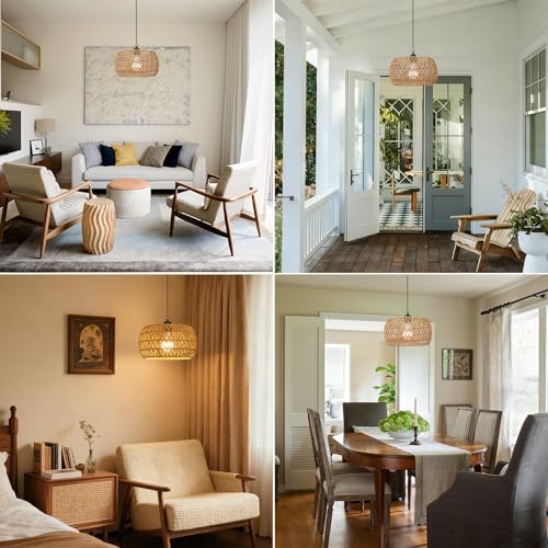 Battery Operated Rattan Pendant Light with Remote - 11.8” Boho Outdoor Chandelier for Porch & Indoor Use - Variation 1