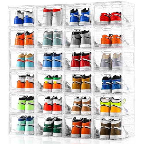 12 Pack Clear Shoe Storage Organizer with Magnetic Front Door - Size 12, Stackable Shoe Boxes