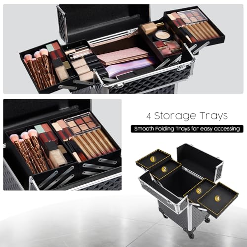 Rolling Makeup Train Case Large Cosmetic Trolley Organized Aluminum Barber Case for Hairstylist Makeup Nail Tech Salon with Keys Swivel Wheels Traveling Cart Trunk - Black