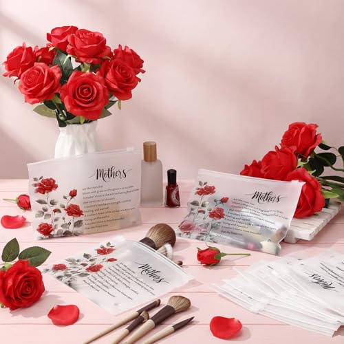 Sunnymove 100 Pcs Frosted Transparent Makeup Bags with Red Rose - Mothers Day Gift Set, Zipper Pouches 5.91 x 7.87 in