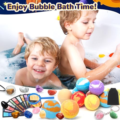 Space Themed Kids Bath Bombs Set with Surprise Gemstones - Organic, Safe & Educational 10 Pack