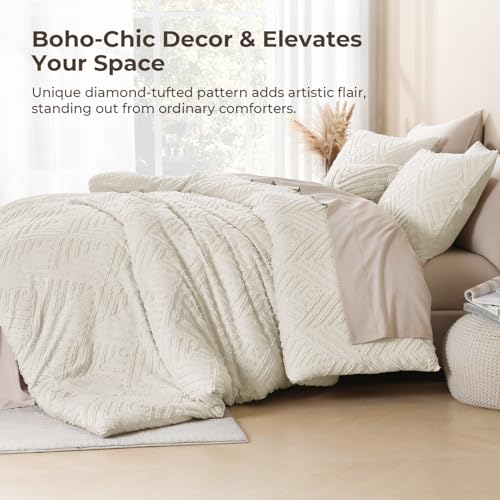 Super King Plus Comforter Set Beige Tufted Boho Bedding 3 Pcs - Litanika 128x120