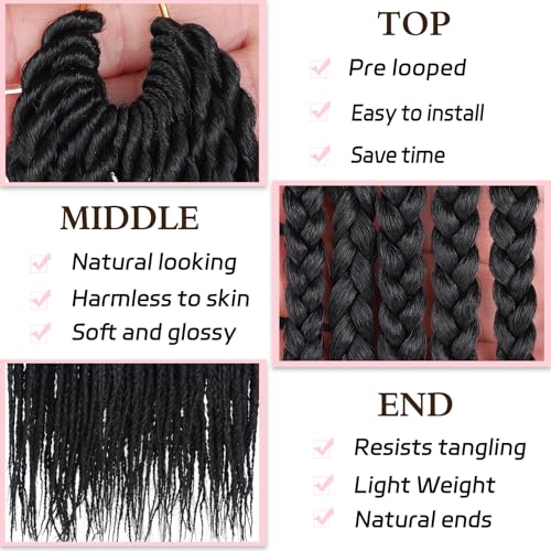 XTREND 8 Packs 24 Inch Box Braids Crochet Hair Pre-Looped Knotless Medium 3X 144 Strands Black (1B#)