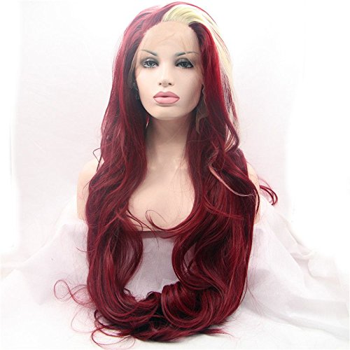 Multicolored Blonde and Wine Red Synthetic Lace Front Wig - Long Body Wave, Heat Resistant, Glueless, Halloween Cosplay