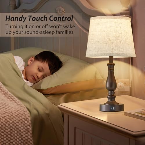 EJIAXIN Set of 2 Beige Fabric Dimmable Touch Bedside Table Lamps with USB-C + A Ports