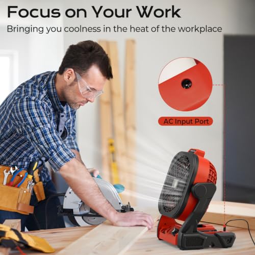 Fallinep Red Milwaukee M18 Battery Operated Fan with USB-C/USB-A, 4 Speeds, 270° Pivot, Hook & LED Light (Cordless Camping Fan) - No Battery