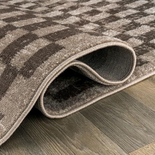 Beige Checkered Area Rug 5x7 ft Contemporary Geometric Textured Carpet for Living Room