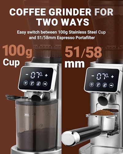 Coffee Grinder with 48 Settings, Anti-Static, Stainless Steel Burrs - Metallic Silver