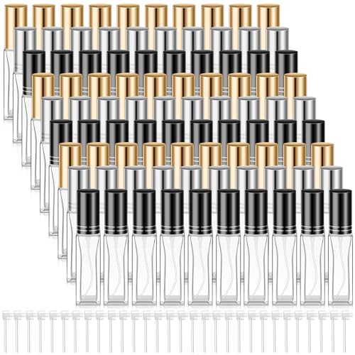 Domensi 90 Pcs 8 ml Empty Glass Perfume Bottles Bulk - Gold,Silver,Black Refillable Cologne Spray Atomizer with Pump, for Travel, Skincare, Haircare, Cleaning & DIY Essentials
