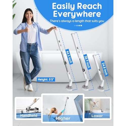 Electric Spin Scrubber with Big Display, Fast Charging Cordless Cleaning Brush with Adjustable Long Handle, 2 Speeds & 4 Replaceable Brush Heads, 1.5H Runtime Shower Scrubber for Deep Cleaning