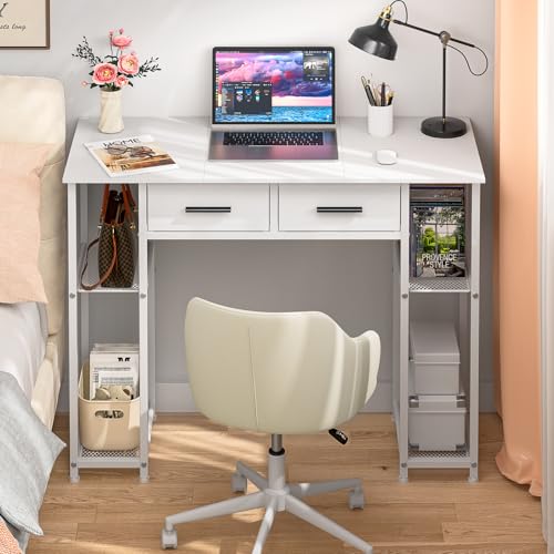 White Computer Desk with Drawers and Storage Shelf - Small Office Study Table