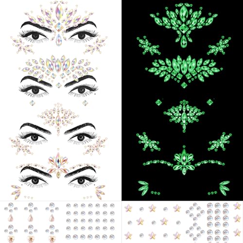 Erythem Face Gems for Women 6 Sheets Face Jewels Stick On Self Adhesive Rhinestones Stickers for Makeup Music Festival Rave Party (4Luminous)