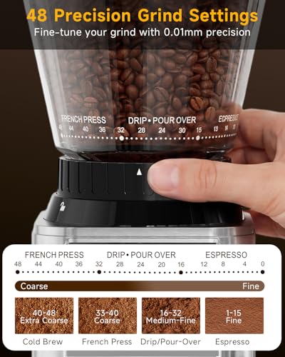 Silver Coffee Grinder with Conical Burr - 48 Grind Settings for Espresso to French Press