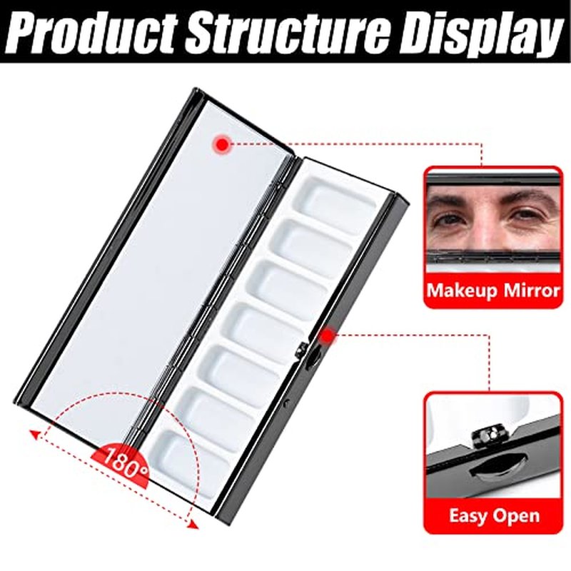 7 Day Pretty Mini Metal Pill Organizer Metal Manufacturing Inside The Makeup Mirror Sleek Look Easy to Carry Fashionable Texture Plating Gun Black More Exquisite (Gun Black)
