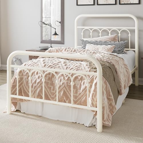 Twin Size Metal Platform Bed Frame with Headboard - Cream, Victorian Style