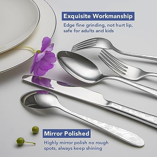 Silverware Set for 8 - Silver Daisy Pattern Stainless Steel Flatware, Modern Kitchen Utensils