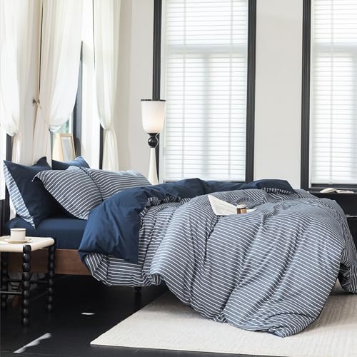 Warm Moment Reversible Navy Blue & White Striped Queen Duvet Cover Set 90x90