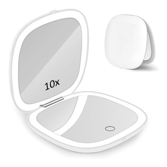 Micacorn LED Light Travel Makeup Mirror 1X 10X Magnified Compact USB Charging Folding Touch Screen 3 Colors Brightness Adjustable Portable Mini Mirror for On The Go and Handbag