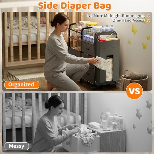 Baby Diaper Caddy Organizer Cart with Drawers & Side Pouch - Nursery Storage