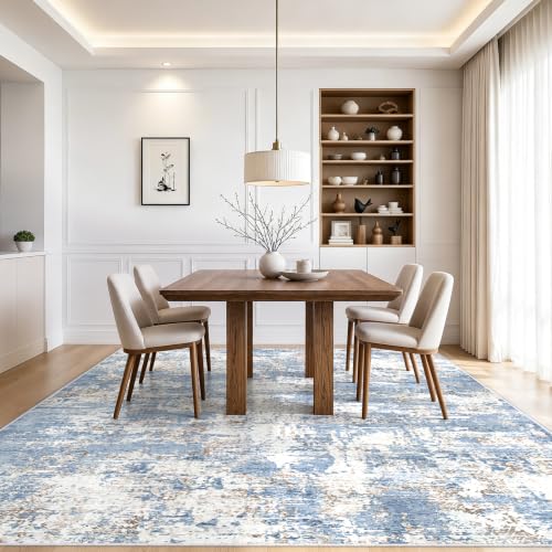 Blue Washable Area Rug 8x10 for Living Room & Bedroom - Abstract Carpet