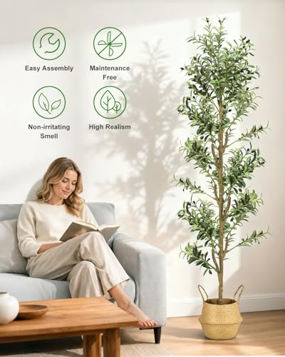 7ft Artificial Olive Tree Indoor Faux Plant with White Planter & LED Lights