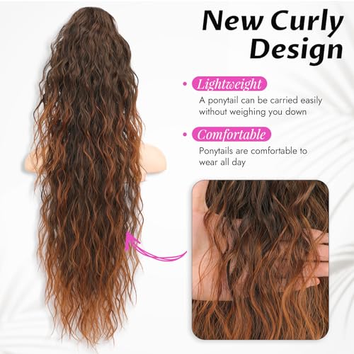 Isaic 30 Inch Omber Medium Auburn Claw Clip Ponytail Extension - Wavy Synthetic Hairpiece for Thin Hair