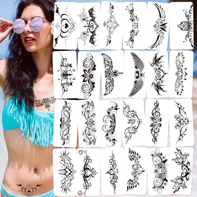 24-Sheet Naughty Girl Tattoos - Black Wing Temporary Tattoos for Women Ladies Girls - Sexy Flower Designs for Lower Back, Legs & Body - Waterproof Fun Body Art Fake Tattoo