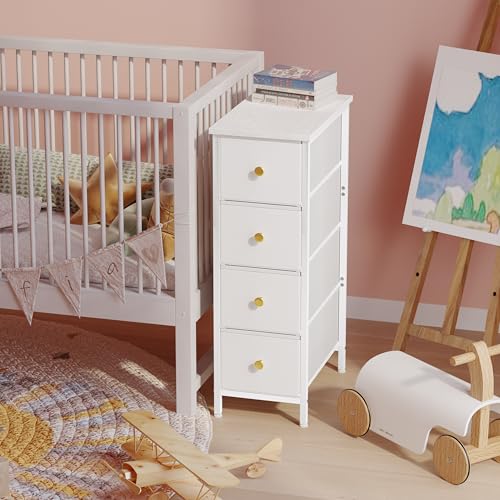 Fixwal Narrow Storage Cabinet - Slim White Dresser with 4 Fabric Drawers, 16.5 x 9.5 x 29.5 Inches