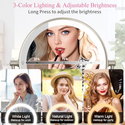 Wall Mounted Makeup Mirror with Lights, 30X/1X Double-Sided Magnifying, Plug-in Lighted Vanity Mirror with 3 Color Modes, Dimmable Brightness, 360¡Æ Swivel Extendable Arm for Bathroom & Grooming