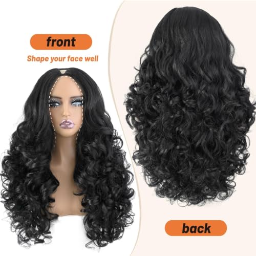 Yaki Curly V Part Wig 26 Inch Natural Black Synthetic Hair - Glueless, Easy Clip-In, Afro Curls