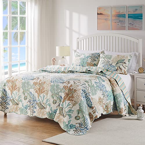 Greenland Home Atlantis Coastal Sea Coral Reversible Quilt Set - Jade, 3-Piece Full/Queen
