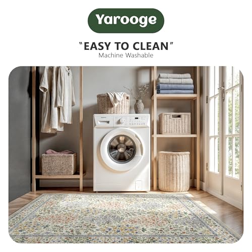 Beige Floral 8x10 Area Rug - Machine Washable Low Pile Boho Rug with Non-Slip Backing