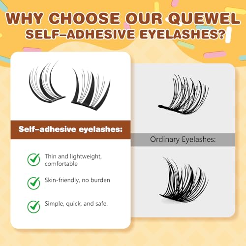 QUEWEL Self Adhesive Eyelashes, Pre Glued Eyelashes Clusters 100Pcs Manga Lashes No Glue Needed,D Curl Pre Glued Lashes With Tweezers for Cute Makeup ooks, Easy And Quick To Wear(ZZBP05)